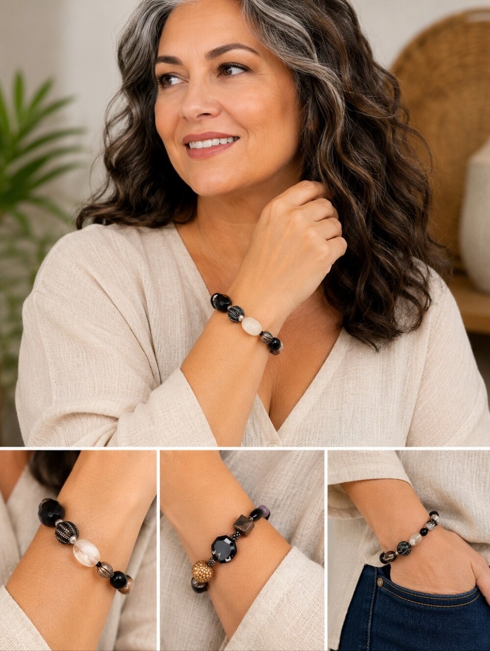 Black White Multi-Bead Wrap Bracelet 15" Statement Stretch Boho Artisan